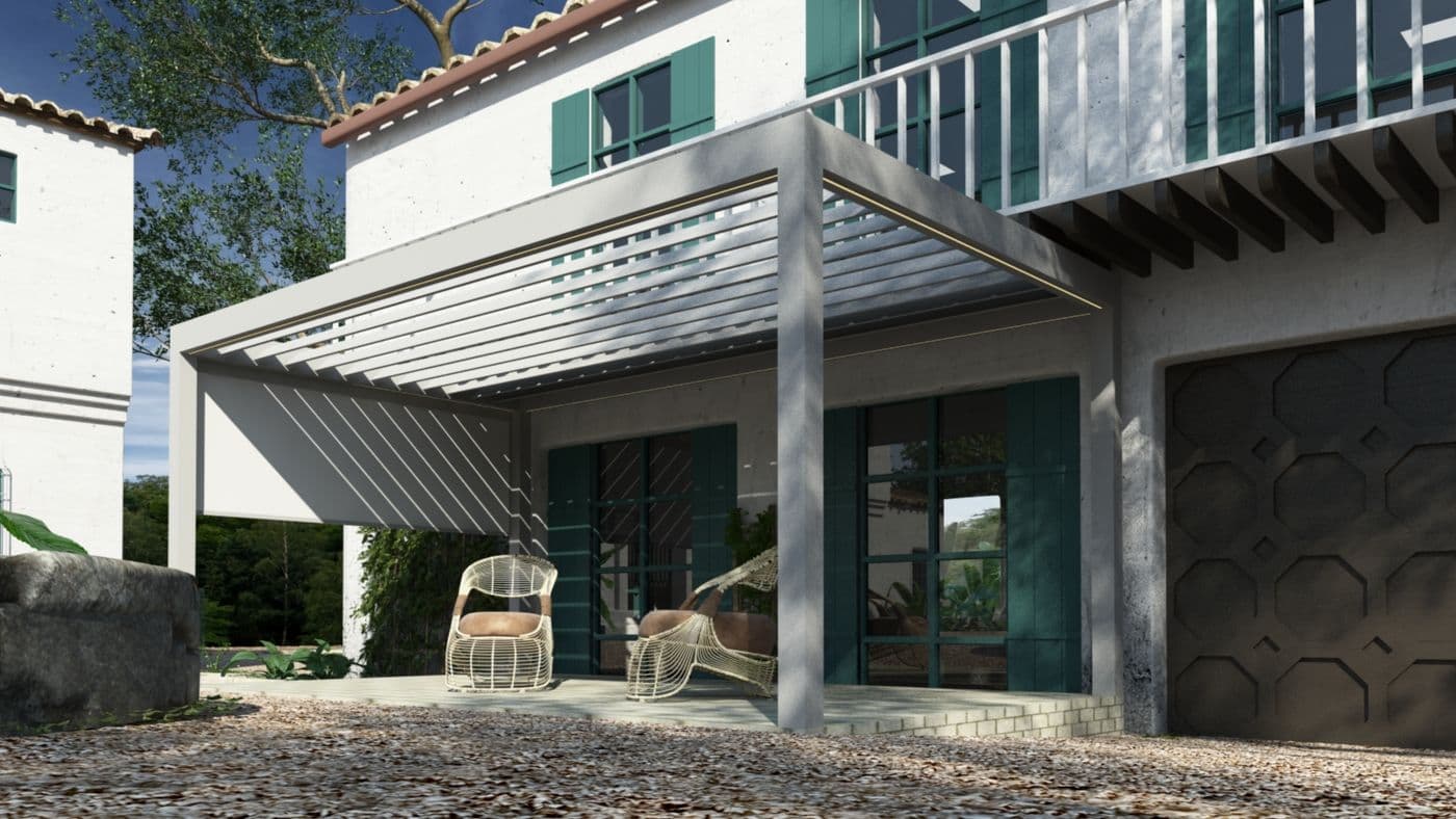 Villa terasına uygulanmış biyoklimatik pergola; kısmen açık alüminyum lameller.